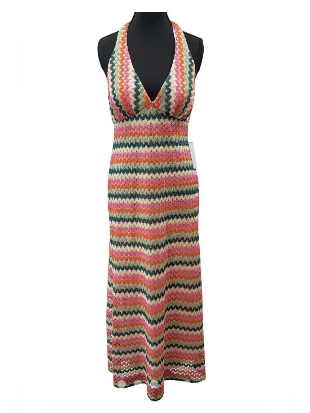 Zigzag Halter Maxi Dress in Pink, Green, Cream and Orange